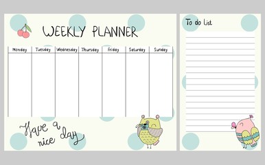 Hand drawing vector weekly planner with owls.