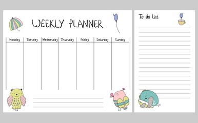 Hand drawing vector weekly planner with owls.