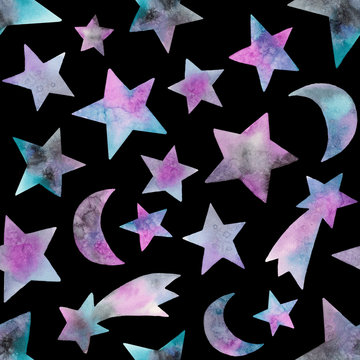 watercolor stars and celestial bodies. seamless pattern on a black background