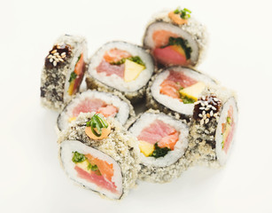 Set of fish rolls isolated on white, closeup