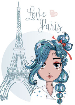 Cute cartoon girl near by the Eiffel Tower in Paris, romantic style fashion teenager portrait, blue hair young woman vector illustration