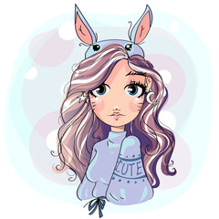 Cute little bunny girl, romantic style fashion teenager portrait, rabbit girl, vector illustration
