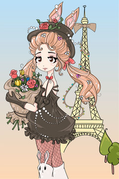 Cute little bunny girl in Paris near Eiffel tower, romantic style fashion teenager portrait, rabbit girl with flowers, vector illustration