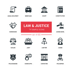 Law and justice - line design silhouette icons set