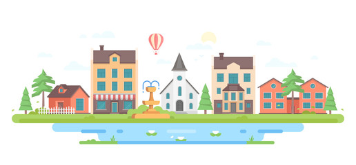 Cityscape with a fountain - modern flat design style vector illustration