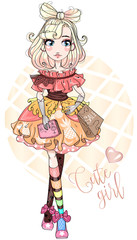 Cute fashion girl, anime style cartoon character comics girl portrait, young fashion woman vector illustration