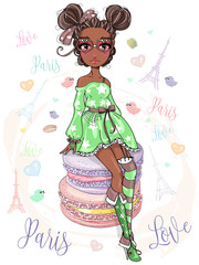 Cute little Afro girl dreams about travel to Paris, romantic style fashion teenager portrait, Paris life background with Eiffel Tower, hearts, birds and macaroons vector illustration