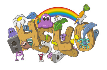 Cartoon style Hello word with cute monsters