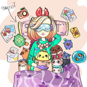 Cute girl with sleeping mask is listening to music on headphones, sweet dream anime style cartoon character comics girl with her toys, young fashion woman vector illustration