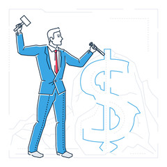 Businessman making money - line design style isolated illustration