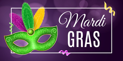Flyer for Mardi Gras carnival. Luxurious mask with colorful feathers. Festive flyer, template. Cover with a banner frame. Vector © sersupervector