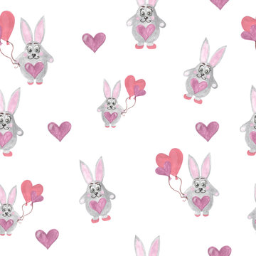 Hand paint watercolor seamless pattern with cute grey bunny