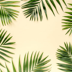 Fototapeta na wymiar Tropical green leaves palm fronds isolated on yellow background. the apartment lay, top view