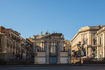 Piazza Stesicoro and the entrance to the Roman Amphitheatre of Catania, Sicily, Italy