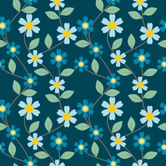 Seamless pattern vector of beautiful flower. Lovely and sweet flower and green leaves on vivid blue retro tone background.