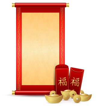 Chinese scroll with red envelope and gold money