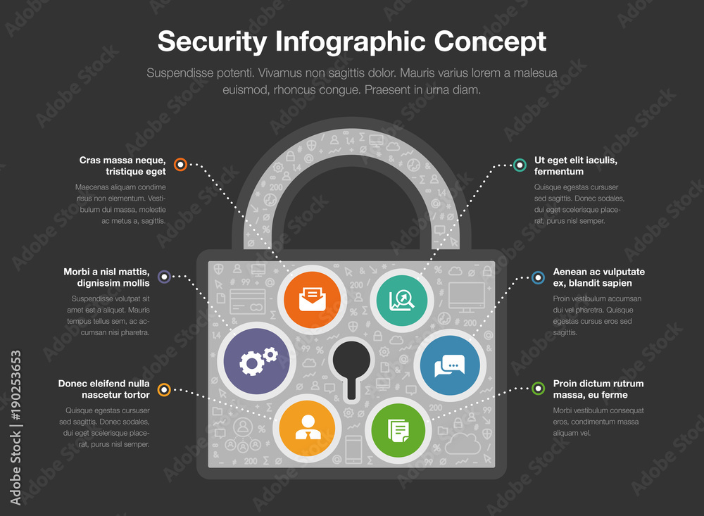 Poster Security infographic concept with padlock symbol isolated on dark background. Easy to use for your website or presentation.