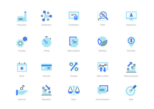 Set of blue flat business icons with darker blue accent isolated on light background. Contains such icons Goal, Profit, Distribution, Production, Certification and more.