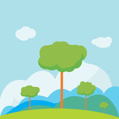Nature landscape on hill with sky background vector illustration.Tree with meadow and mountain