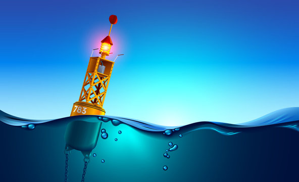Sea orange Buoy floating in ocean at dawn. Sea buoy has navigation meteorology equipment, beacon swinging on waves. Split view over and under water surface. Buoy chained to sea bottom underwater
