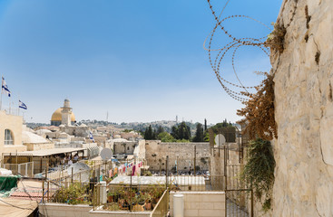 The Temple Mount - Western Wall and the golden Dome of the Rock mosque in the old city of...