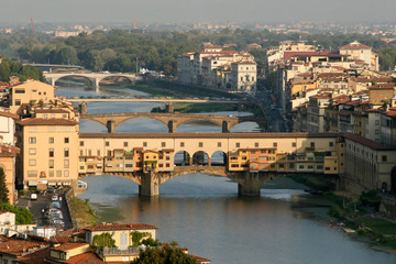 Summer. Italy. Florence. Panoramic view of the city. Ponte Vecchio.