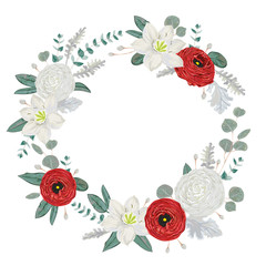 Decorative holiday wreath with flowers, leaves and branches. Vintage floral elements. Vector illustration in watercolor style