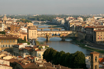 Fototapeta na wymiar Summer. Italy. Florence. Panoramic view of the city. Ponte Vecchio.