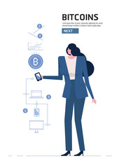Blockchain and bitcoin concept. Woman hand holding modern smart phone, showing Bitcoin information. flat design elements vector illustration