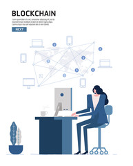 Blockchain infographics. People using computer connect with world wind device. flat design elements vector illustration