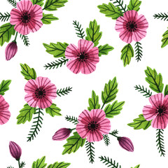 Hand painted flowers and leaves. Seamless watercolor pattern