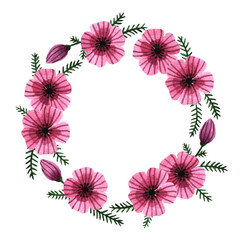 Watercolor pink flowers wreath. Floral frame composition