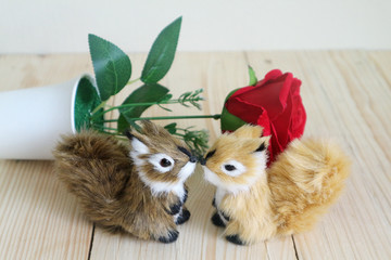 Two squirrels kiss each other and red rose on background,love concept.