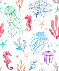 Obraz premium Watercolor sea life vector pattern