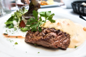 juicy steak beef meat with tomato and potatoes