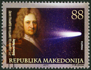 MACEDONIA - 2017: shows portrait of Edmund Halley (1656-1742), astronomer
