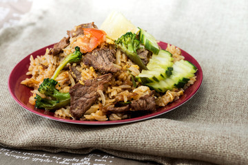 Homemade Chinese fried rice with beef