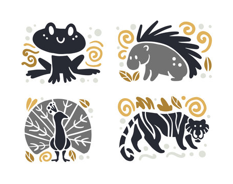 Vector flat cute funny hand drawn animal silhouette isolated on white background - frog, porcupine, tiger and peacock. Perfect for children goods store logo insignia, kid clothes and accessory prints.