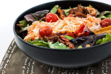 Delicious fresh salad and olive oil