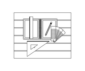 drawing tools and notebook over table top view in black contour vector illustration