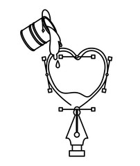 paint bucket over heart design with fountain pen in black contour vector illustration
