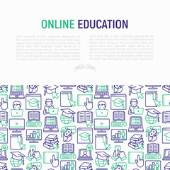 Fototapeta na wymiar Online education concept with thin line icons: online course, webinar, e-book, video conference, home studying, wise owl in graduation cup, student with laptop. Modern vector illustration.