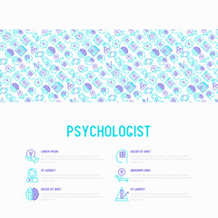 Psychologist concept with thin line icons: psychiatrist, disease history, armchair, pendulum, antidepressants, psychological support. Vector illustration for banner, web page, print media.