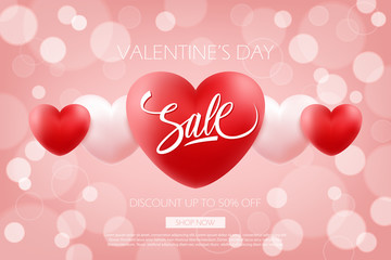 Valentine's Day Sale special offer background with hand drawn lettering and hearts for holiday shopping. Discount up to 50% off. Shop now. Vector illustration.