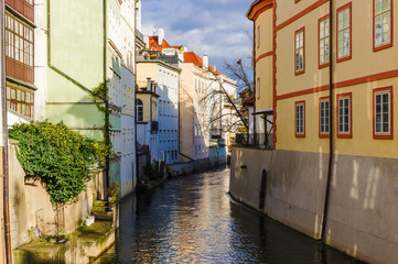 Fototapeta na wymiar Certovka canal Kampa island off from the river Vltava in Prague, Czech Republic.