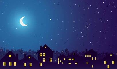 Foto op Plexiglas Vintage town at night. Bright moon and shooting star. © evgenii141