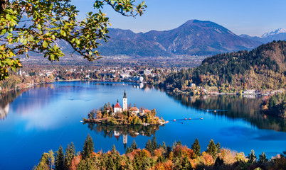 Bled, Slovenia - Panoramic aerial view of Lake Bled with Church of the Assumption of Maria,...