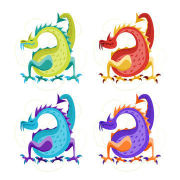 Cartoon Color Fantasy Animal Dragon Set. Vector