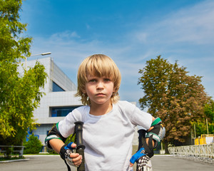 Boy rollerblading outdoors