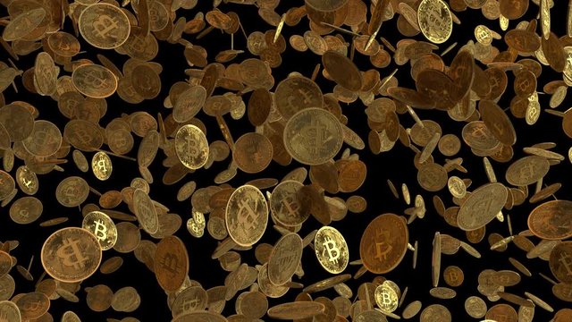 Falling bitcoin coins background in amazing detail. Coins falling in a continuous loop. Alpha matte included